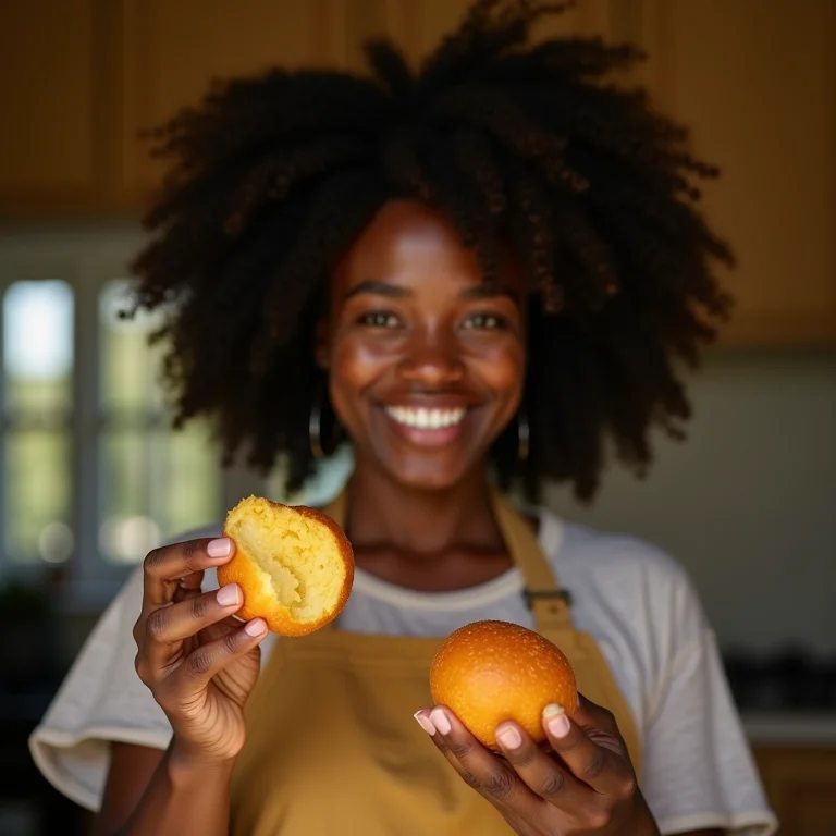 Mulher negra sorrindo com pamonha da Pamonharia da Vovó em Goiânia
