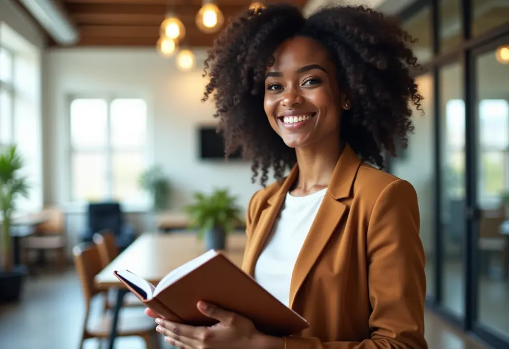 Mulher negra sorrindo com planner em espaço de coworking