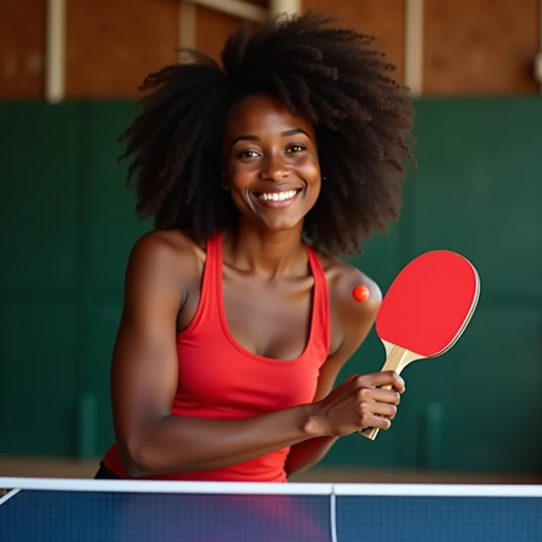 Mulher negra sorrindo com raquete de tênis de mesa