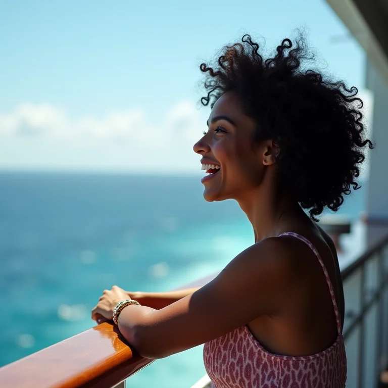 Mulher negra sorrindo em uma varanda de cruzeiro