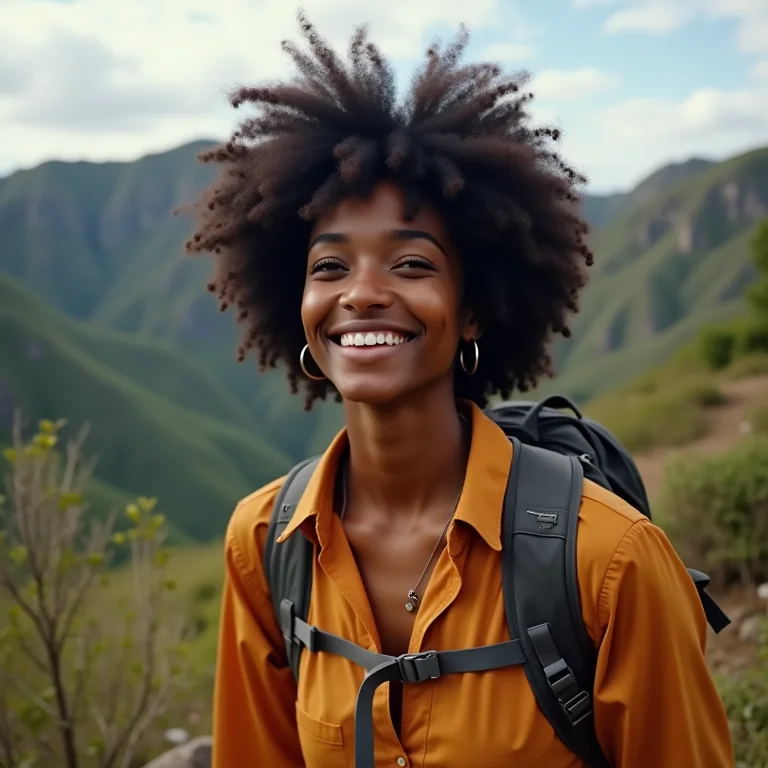 Mulher negra sorrindo enquanto explora o Parque Nacional da Chapada das Mesas.
