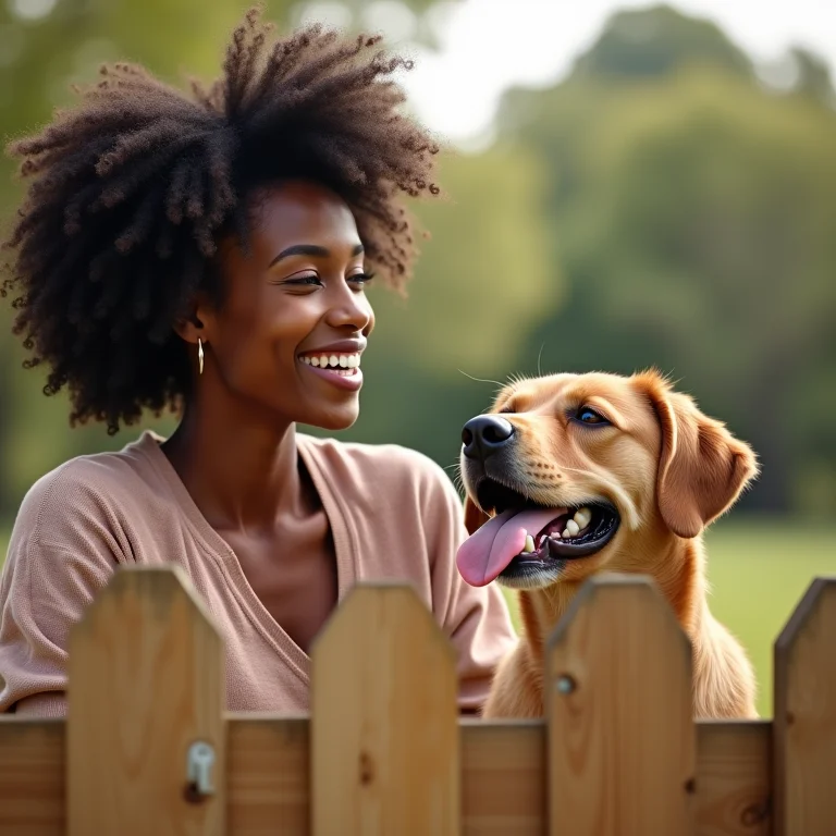 Mulher negra sorrindo enquanto observa seu cão brincando em cercado