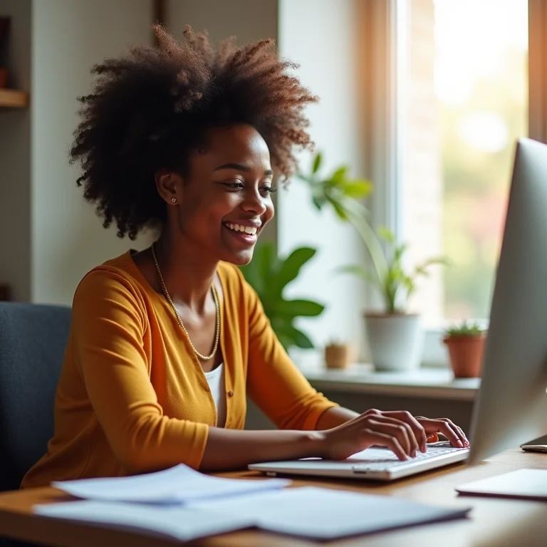 Mulher negra sorrindo enquanto organiza arquivos no computador
