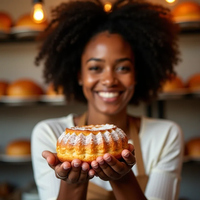 Mulher negra sorrindo enquanto segura um pastel de nata.