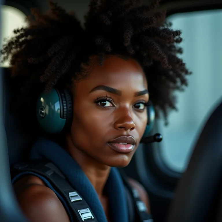 Mulher negra treinando em simulador de voo, foco e determinação