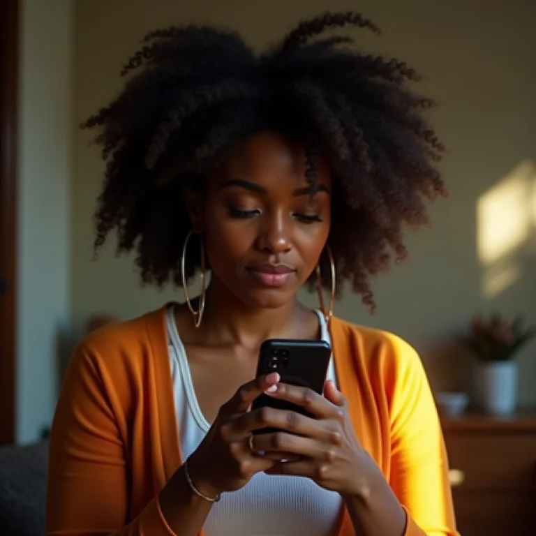 Mulher negra verificando atualizações no celular