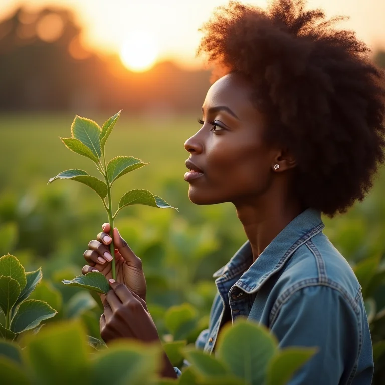 Mulher observando o crescimento de uma planta, focando no progresso