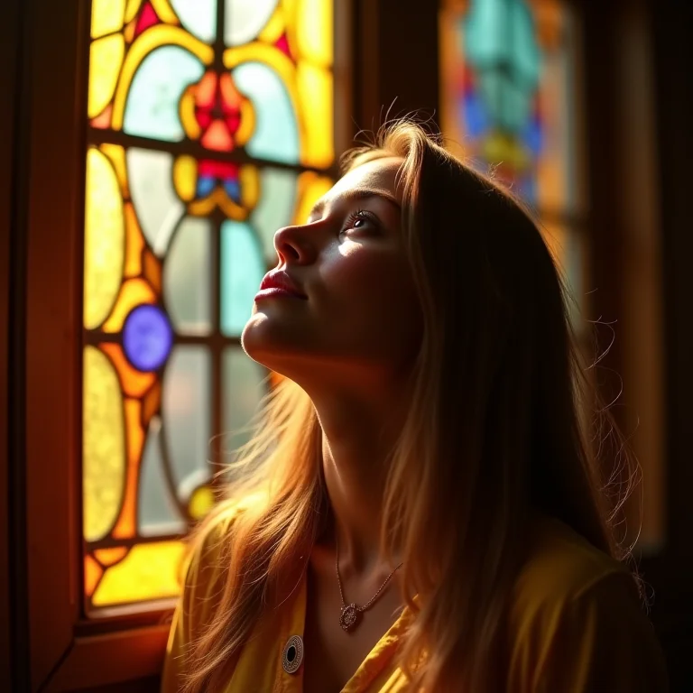 Mulher olhando para vitral, representando a série The OA.