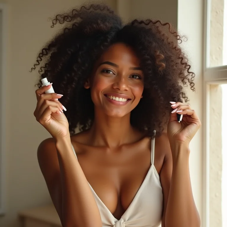 Mulher parda/latina aplicando produto de styling no cabelo