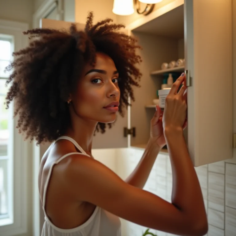 Mulher pega produto de higiene pessoal no armário, representando prevenção de imprevistos