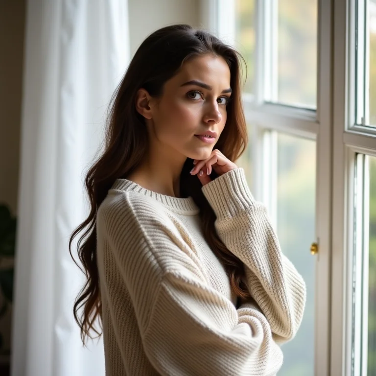 Mulher pensativa em frente a uma janela