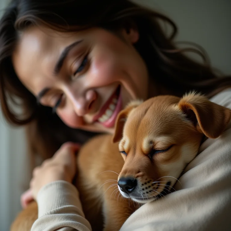 Mulher plus size com seu cachorro, transmitindo segurança e alívio da ansiedade.