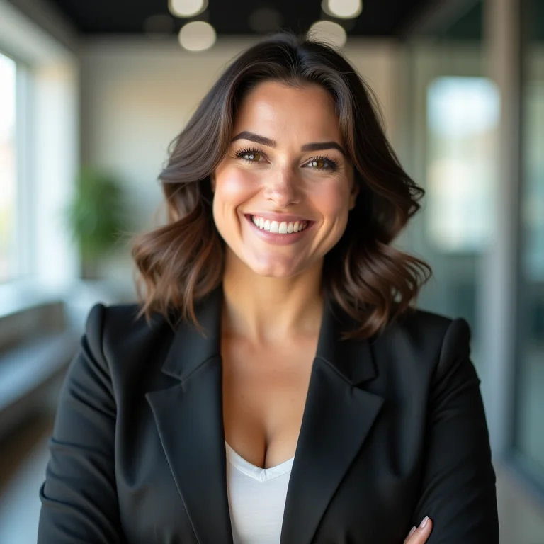 Mulher plus size sorrindo com maquiagem natural no escritório