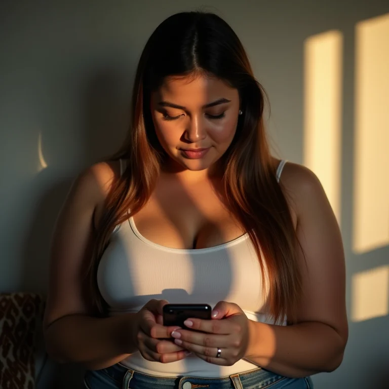 Mulher plus size usando celular no modo de segurança