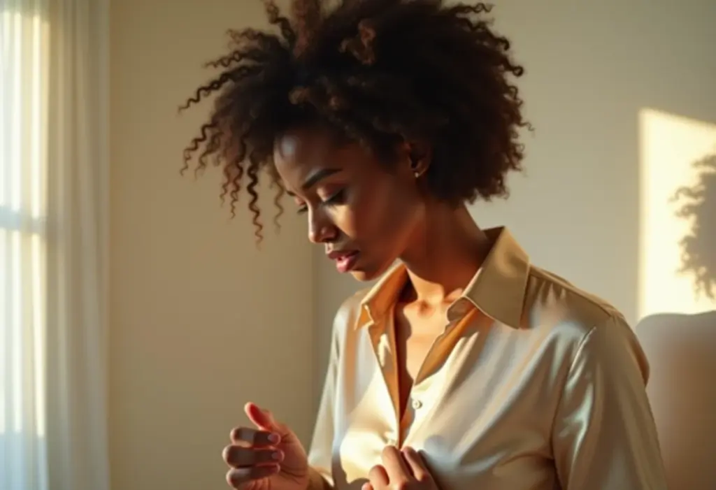 Mulher preocupada com mancha de óleo em blusa de seda