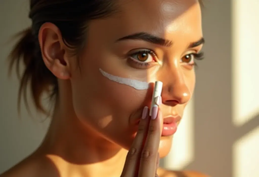 Mulher radiante aplicando produto de skincare