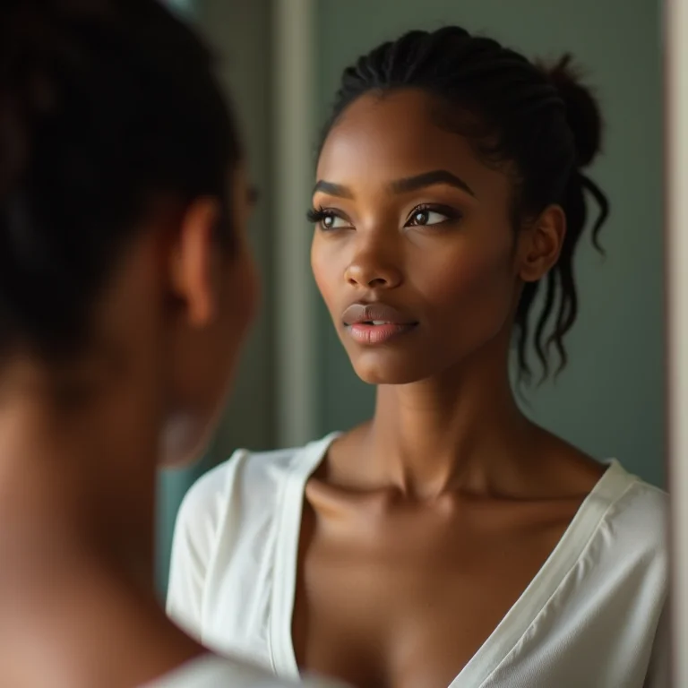 Mulher se vendo no espelho com autoconfiança, questionando a síndrome do impostor