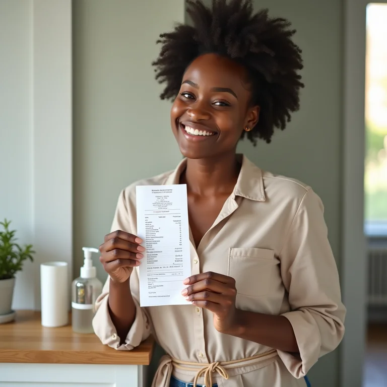 Mulher sorrindo ao lado de produtos de higiene pessoal, representando economia financeira.