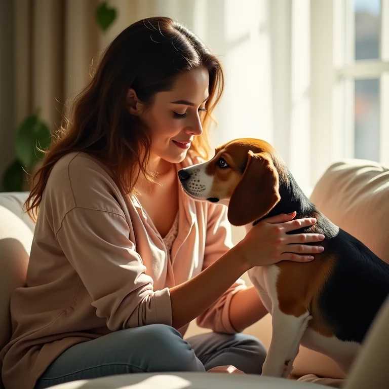 Mulher sorrindo enquanto acaricia seu cachorro