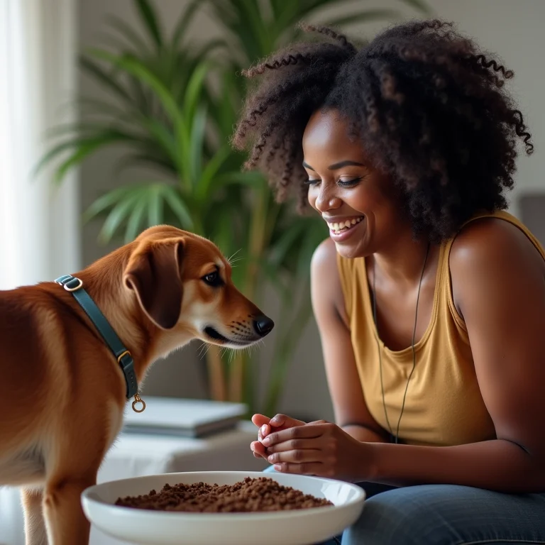 Mulher sorrindo enquanto observa seu cão brincar com comedouro interativo
