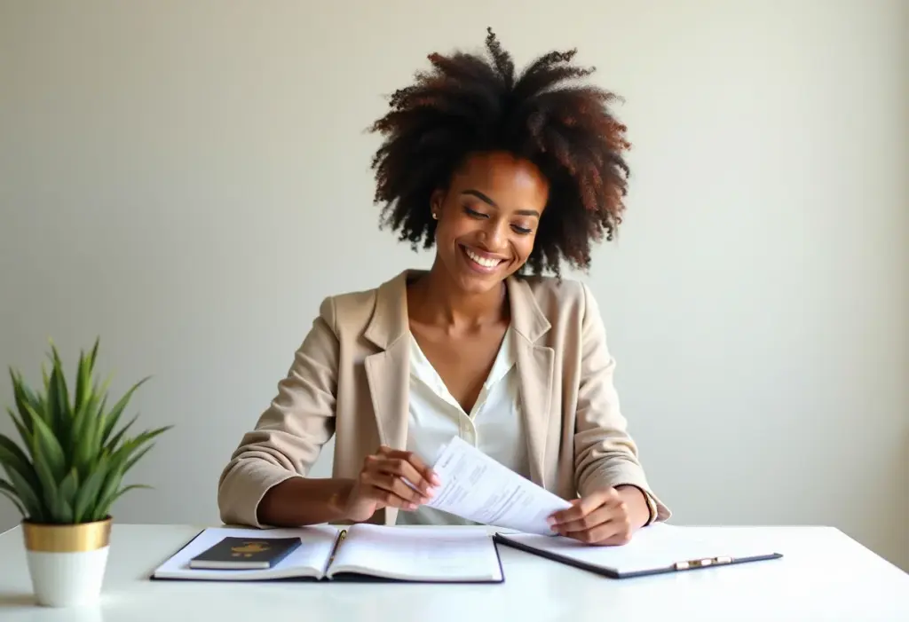 Mulher sorrindo enquanto organiza recibos e documentos de viagem.