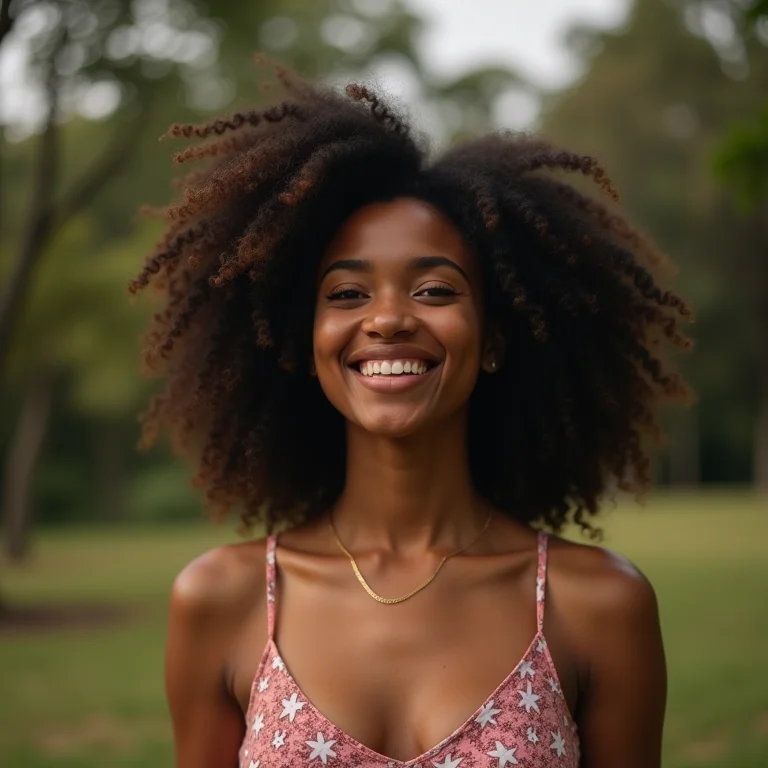 Mulher sorrindo no Parque do Caracol, em Gramado
