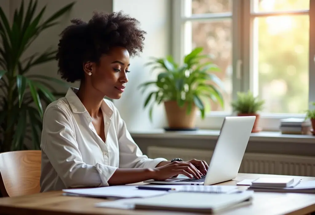 Mulher trabalhando em portfólio de design em um escritório ensolarado