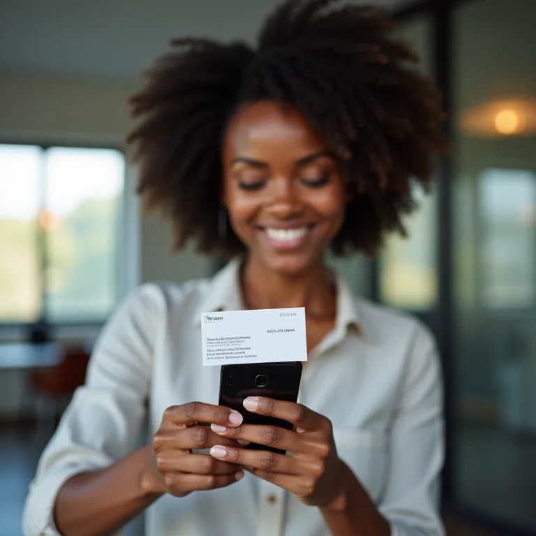 Mulher trocando cartão de visita digital em um smartphone