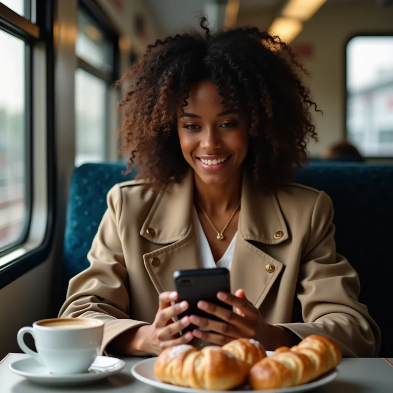 Mulher usando aplicativo de horários de trem.