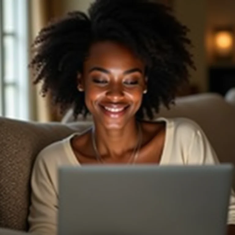 Mulher usando laptop para tarefas cotidianas.