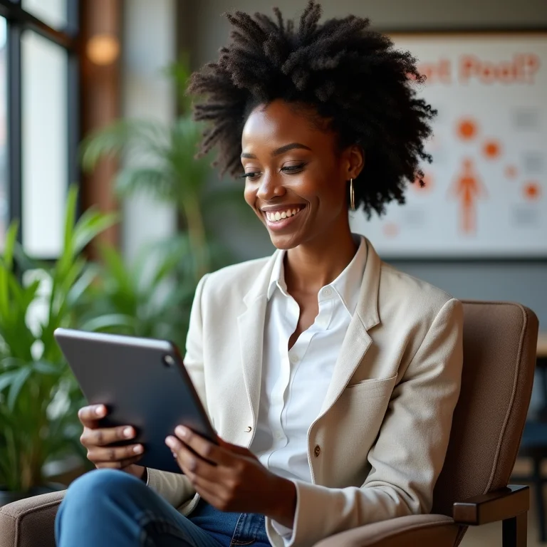 Mulher usando um tablet com um comparativo entre recrutamento tradicional e banco de talentos.