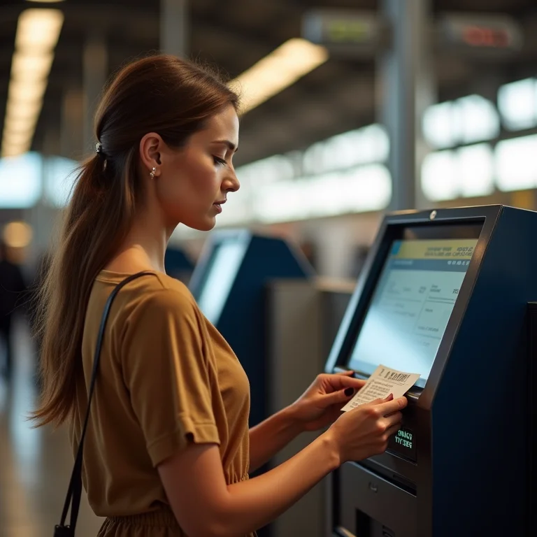 Mulher validando passagem de trem na estação.