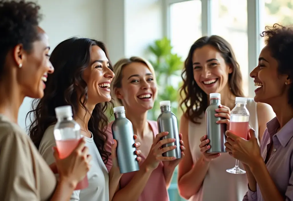 Mulheres diversas se hidratando com garrafas estilosas