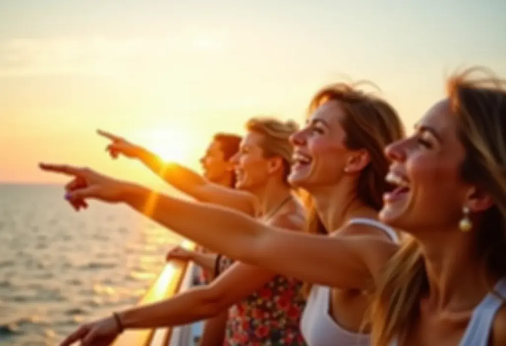 Cruzeiro: 7 segredos que ninguém te conta antes da 1ª viagem Mulheres sorrindo em um cruzeiro ao pôr do sol