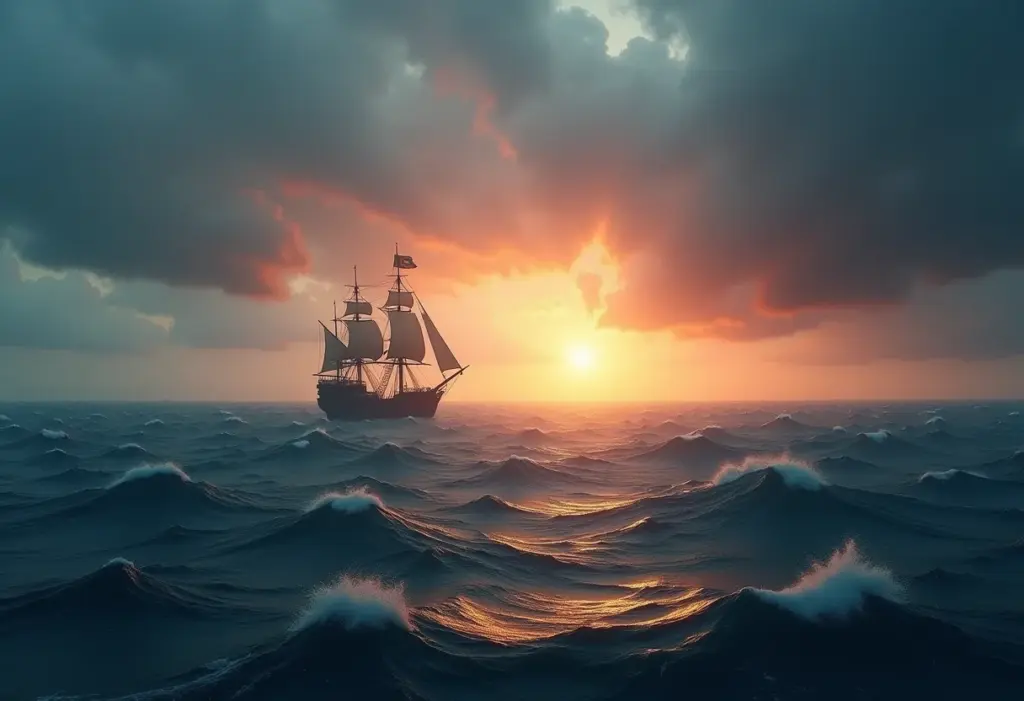 Navio pirata em um mar tempestuoso ao pôr do sol.