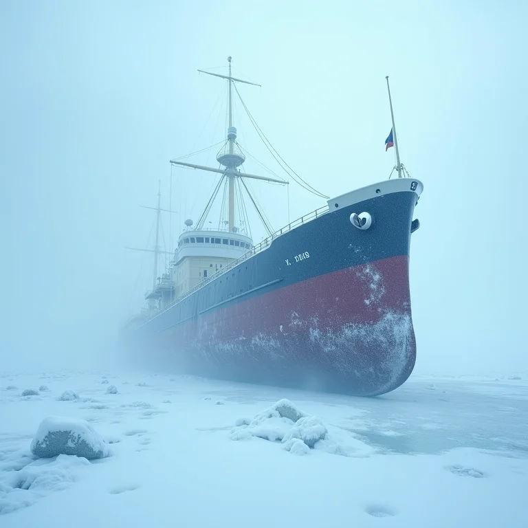 Navio preso no gelo em uma paisagem desolada.