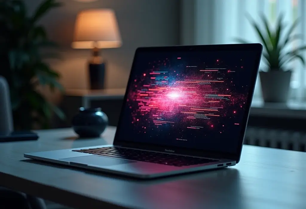 Notebook com tela piscando cores vibrantes.