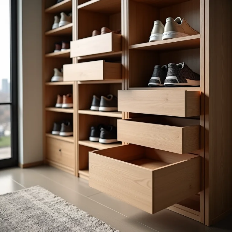 Organizador de sapatos específico, com prateleiras e gavetas.
