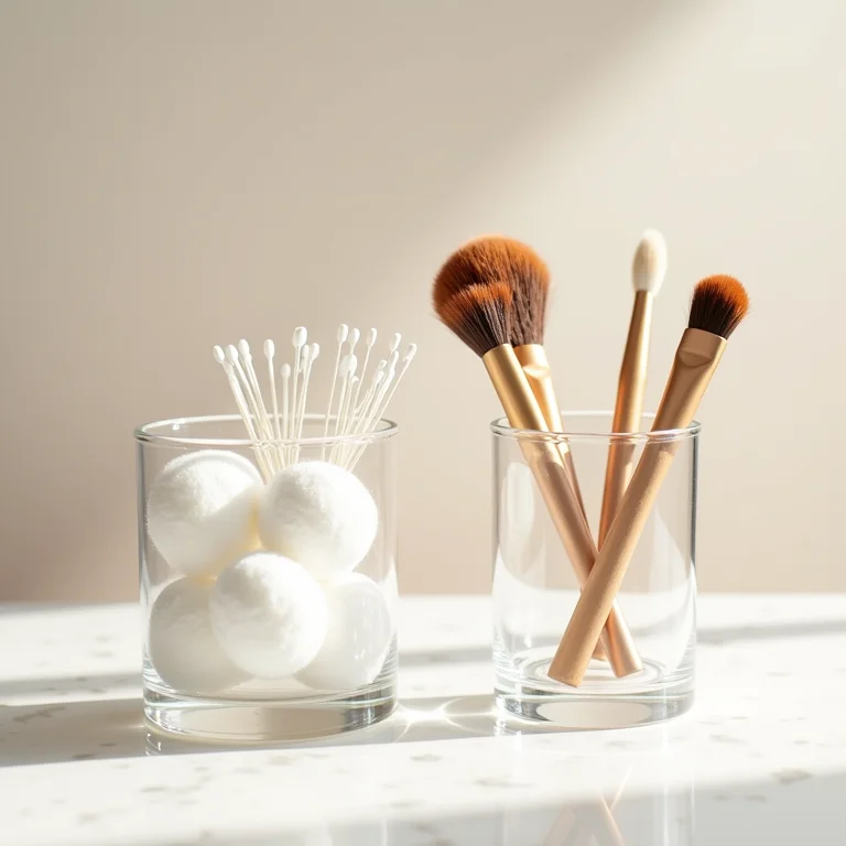 Organizadores acrílicos com produtos de higiene pessoal, representando técnicas de organização.