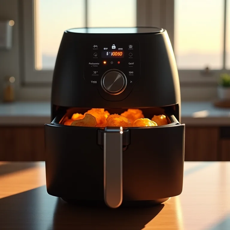 Painel digital de uma air fryer mostrando a temperatura e o tempo ideais para pré-aquecer.