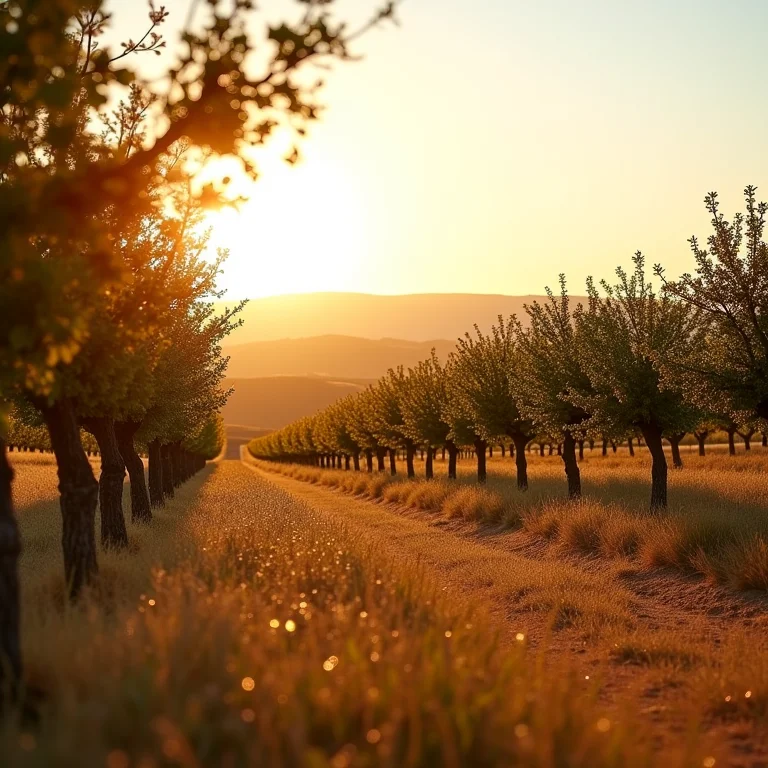 Paisagem dos vinhedos do Alentejo com sobreiros, capturando a luz dourada.