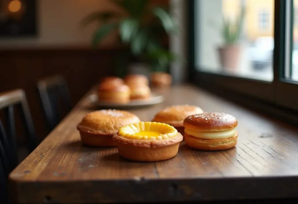 Pastéis de nata frescos em uma mesa de café em Lisboa.