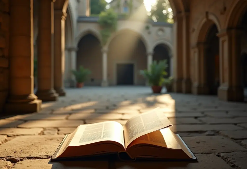 Pátio de mosteiro de pedra iluminado pelo sol com um livro antigo aberto
