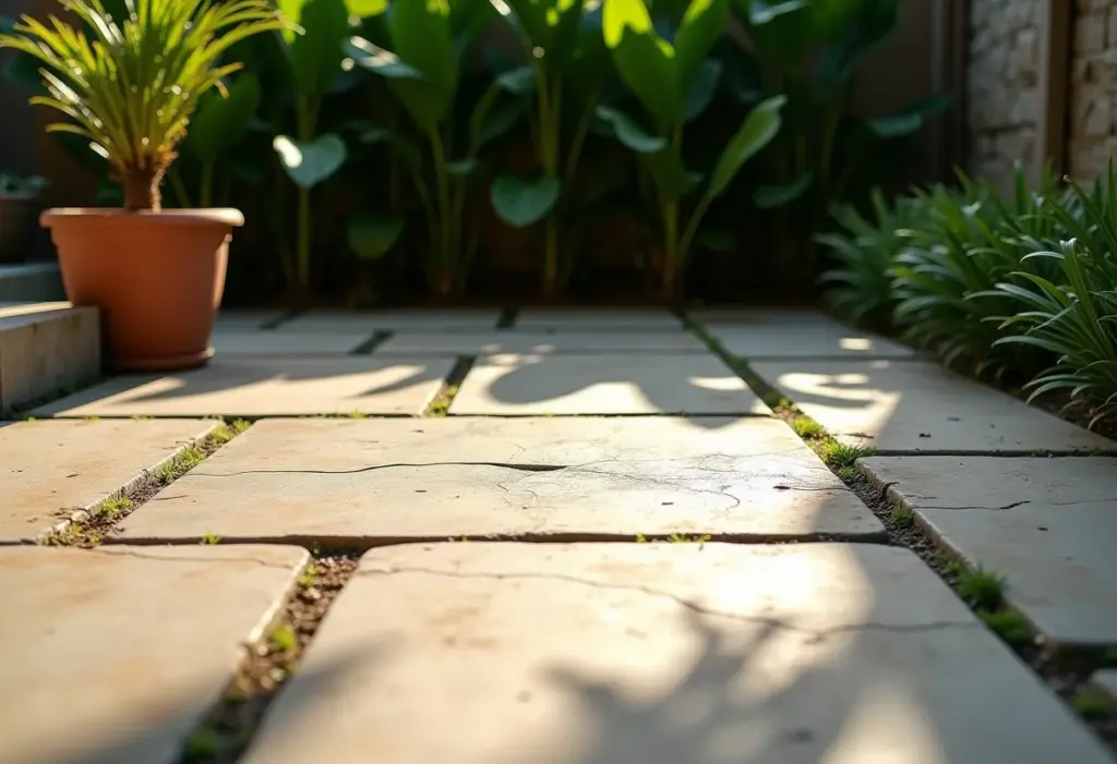 Pátio de Pedra São Tomé sendo limpo, com plantas ao fundo