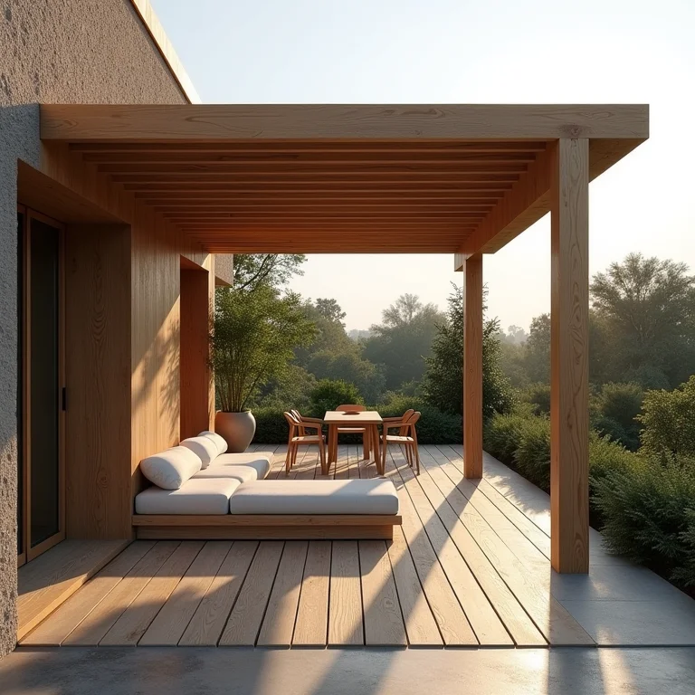Pergolado de madeira com deck e móveis de exterior