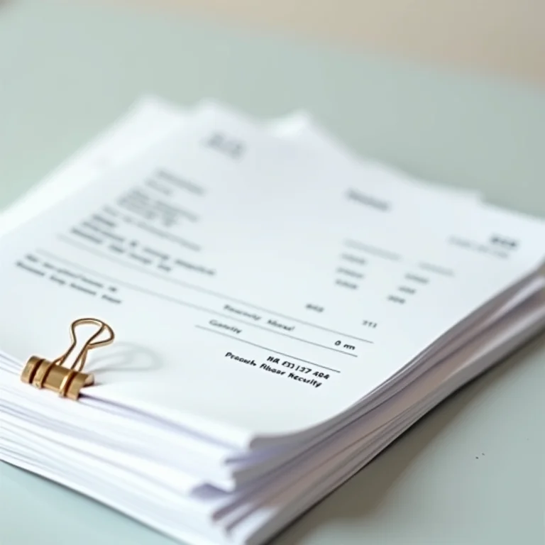 Pilha organizada de notas fiscais e recibos.