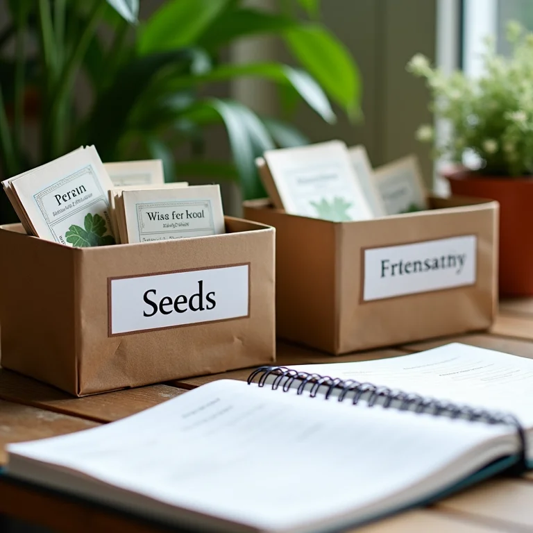 Planejamento de horta com sementes organizadas e caderno de anotações.