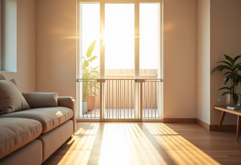 Portão de segurança: Qual o melhor modelo para seu pet ou bebê? Portão de segurança instalado em uma sala de estar moderna
