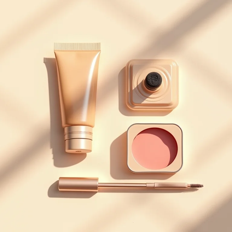 Produtos de maquiagem minimalistas dispostos em flat lay