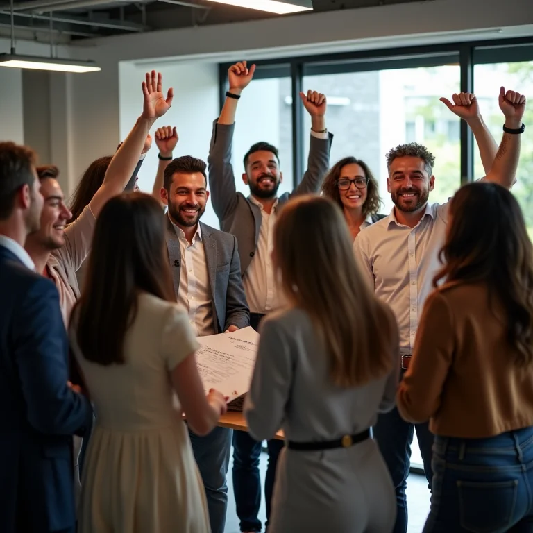 Profissionais diversos celebrando o sucesso de um projeto, representando a melhora na qualidade das contratações.